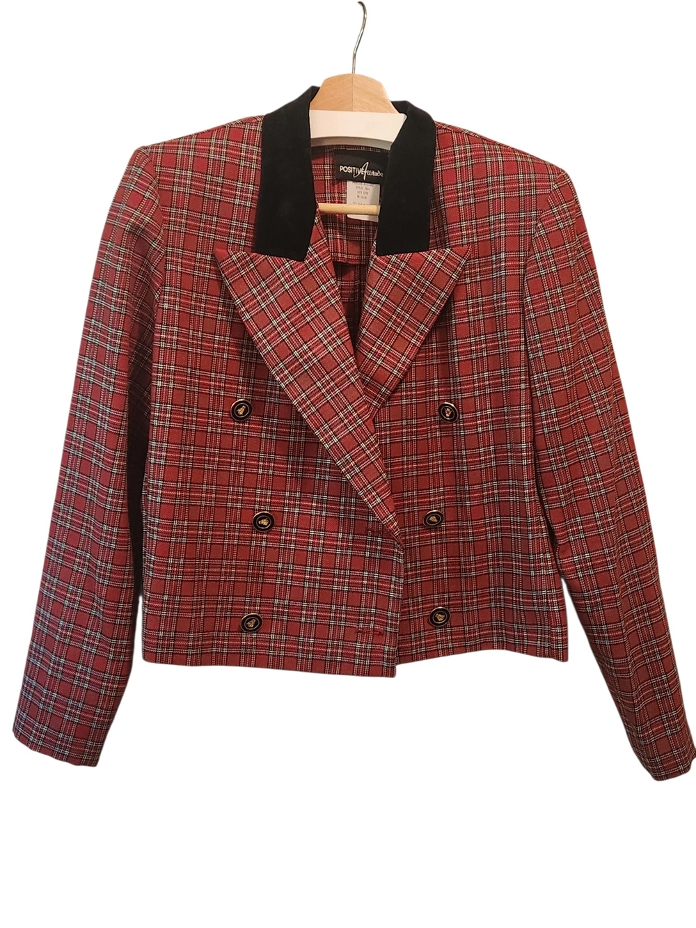 Cropped Vtg. Mary McFadden Red Plaid  Blazer Black Velvet Collar. Sz. 8